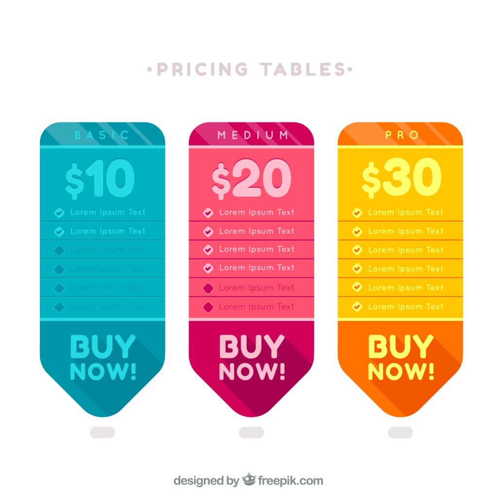 Pricing tables of blue, red, and yellow.