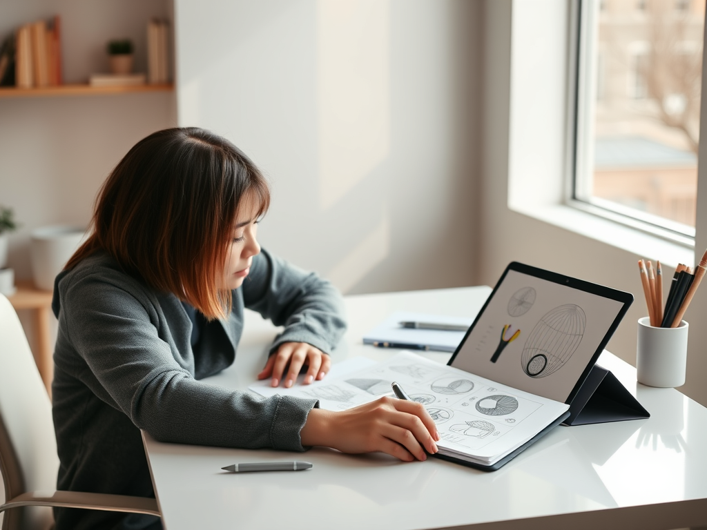 A woman sitting at her desk with a tablet in front of her.