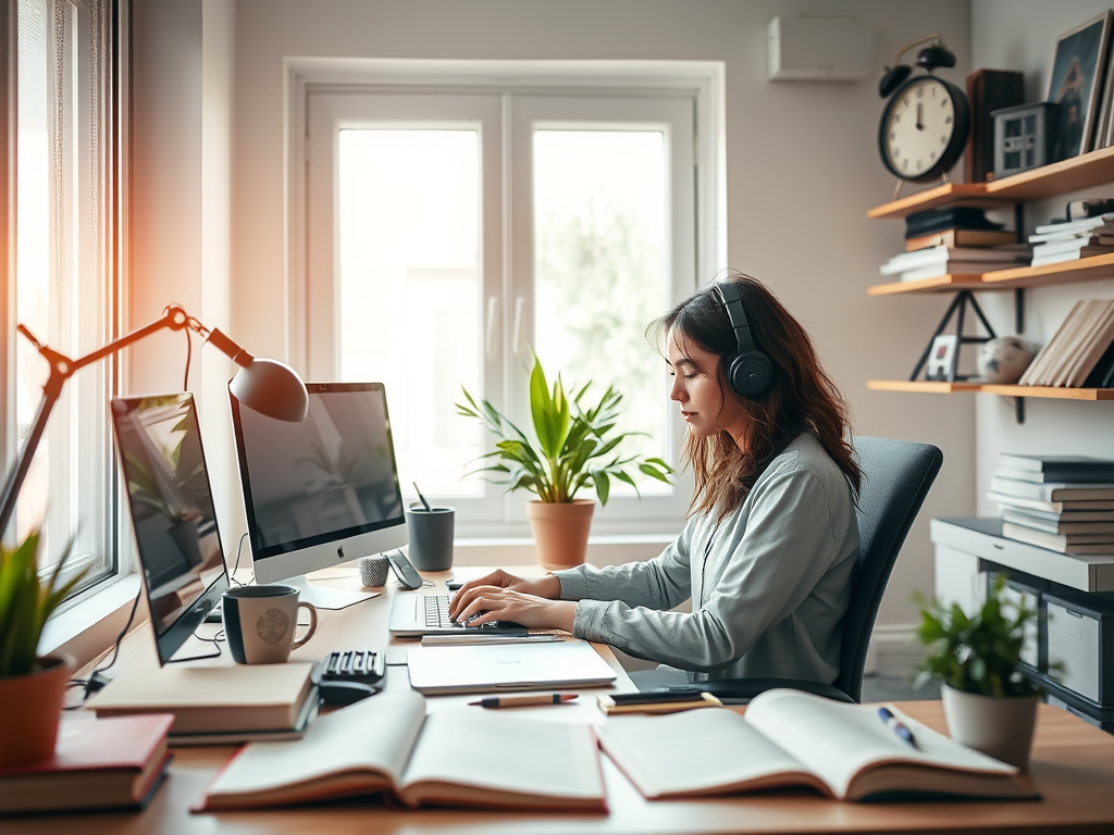 A woman sitting at her desk working.